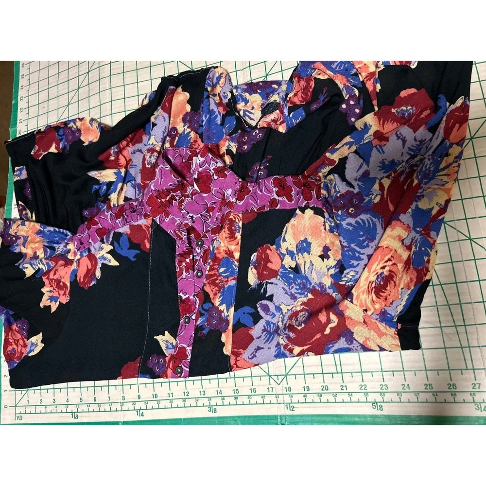 Free People Size XS Shirt Dress Oversized Floral Button Tunic Black‎ Purple Boho